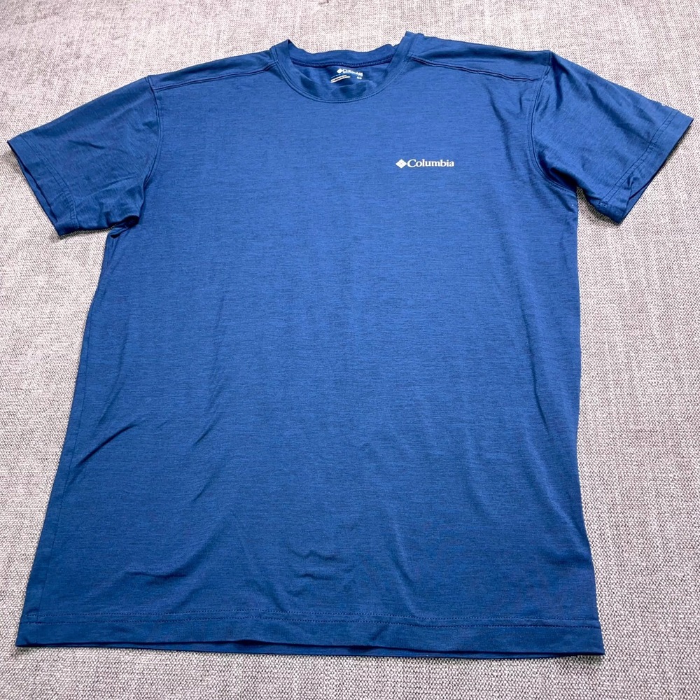 Columbia T-Shirt Mens Small Heather Blue Logo Crew Neck Short Sleeve Basic Tee